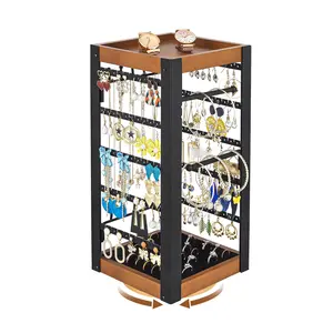 Rotating Earring Holder, Jewelry Holder Organizer with Ring Tray/Necklace/Bracelet Hooks, 360°Earring Organizer with Stable Bamboo Base for Jewelry Display, Easy Assembly