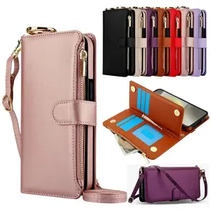 Ring Lanyard Zipper Leather Wallet Case for Samsung Galaxy A55 A15 A54 A14 A53 S25 Ultra Edge S21 S22 S23 S24 Fe Plus A16 Cover Card Protection