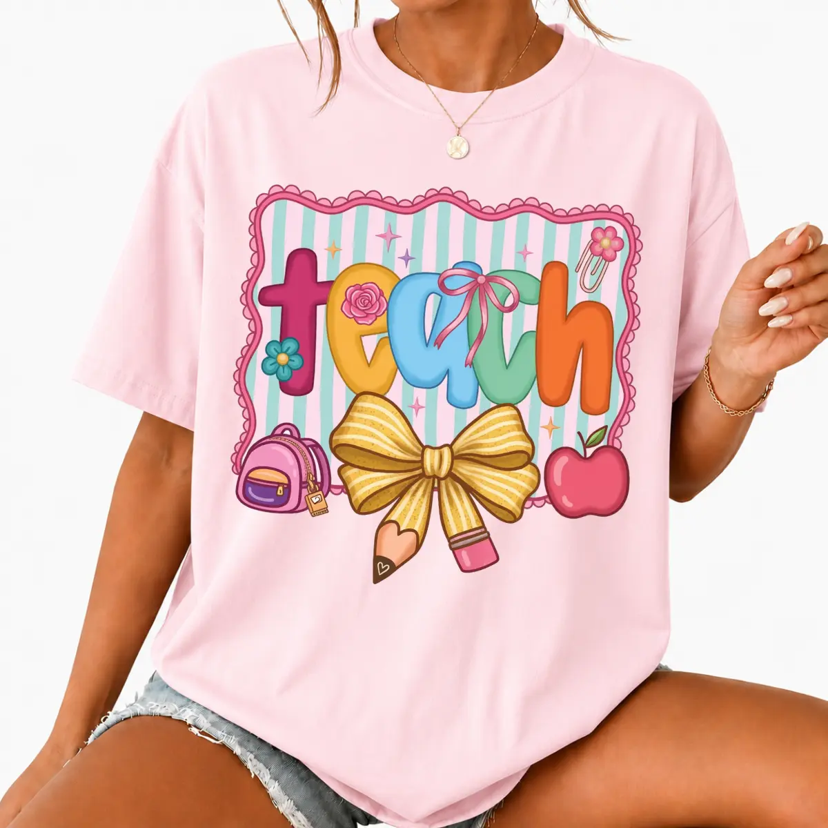 Cute Teach Graphic T-Shirt, Colorful Back To School Teacher Tee, Preppy Striped Bow Pencil Apple Backpack Illustration Shirt, Front Chest Graphic Print Tee, First Day Of School Outfit Gift For Teachers Women