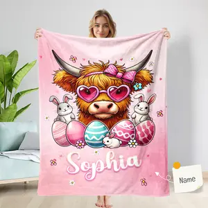 Pink Cow Blanket With Name, Personalized Kids Blanket Gift, Toddler Blanket, Farm Animal Nursery Decor, Birthday Gift, Easter Blanket