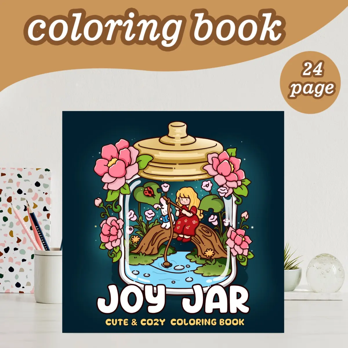 Cute Coloring Book Theme, 24 Bold Stress-Relief Simple Creative Patterns Designs, 7.9in X 7.9in Perfect Size, Thick Paper, Ideal Gift for Adults Kids Teens, Family