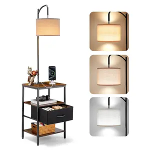 VEVOR Floor Lamp with Table, 3-Tier End Table with Drawer and 3 Color Temperature Lighting, Modern Side Nightstand Bedside Desk with USB & Type C & AC Charging Port for Living Room, Bedroom, Dorm