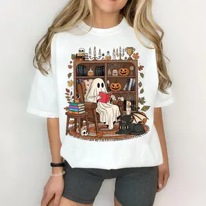 Women's Loose Cotton Fabric Garments - Ghost Reading Romantasy Book Tee, Fantasy Romance Halloween Sweatshirt, Book Lover Hoodie, ACOTAR T-Shirt, Fourth Wing, Zodiac Academy, Cruel Prince