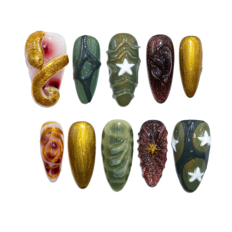 [FLASH SALE 50%] Abstract press on nails, 3D textured art in green gold brown tones, galaxy star design, handmade statement nail set for women