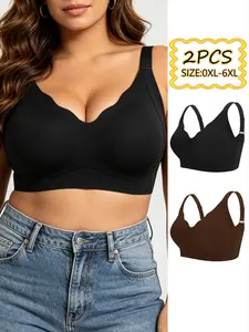 2PCS Plus Size V-Neck Scalloped Edge Adjustable Wireless Bras for Women – No underwire pressure, gentle lift & side support to smooth underarm bulges. Crafted from buttery-soft, breathable fabric for all-day comfort.