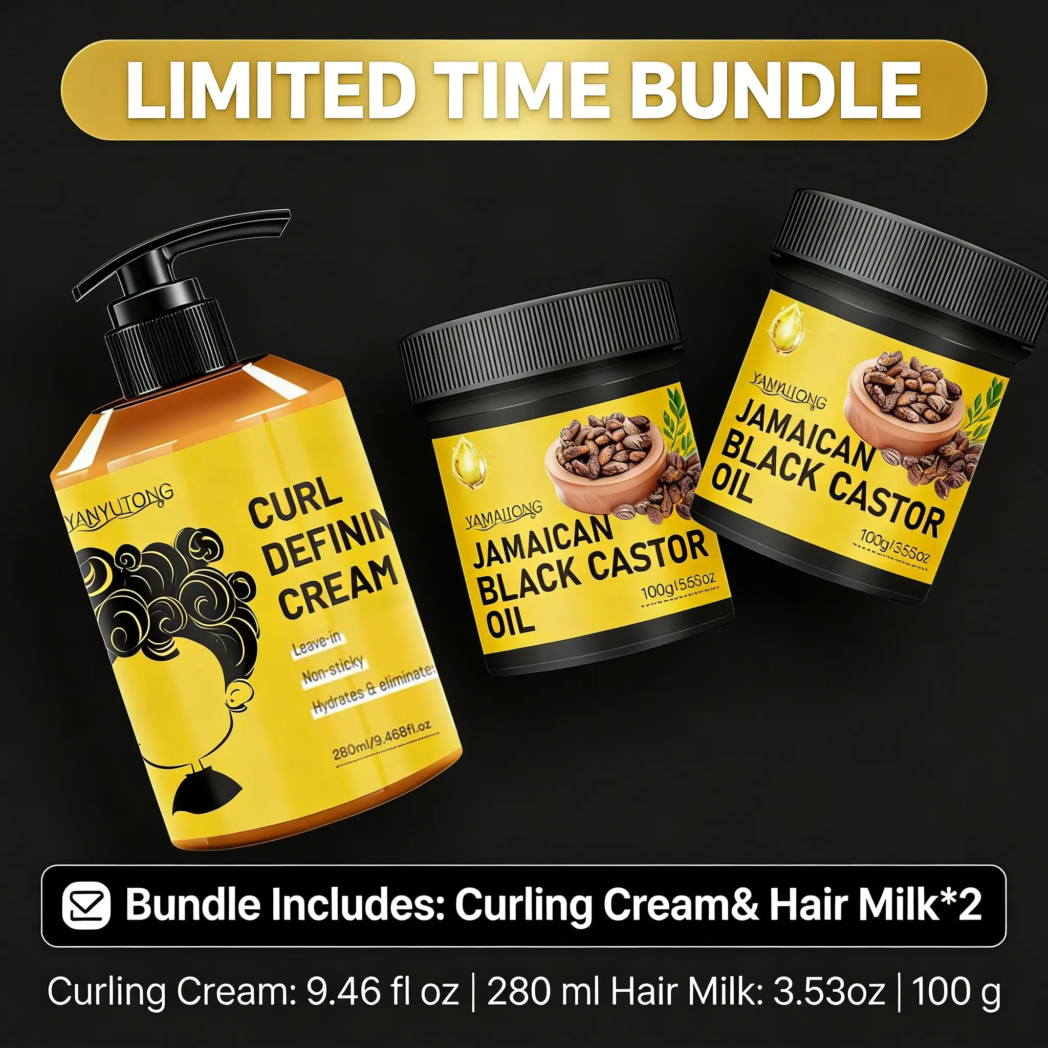 3 Piece Curl Styler Daily Care Set with 280ML Curl Cream and 2 Bottles of 100ML Castor Oil Hair Lotion, Natural Curl Definition, Frizz Control, Anti-Static and Smooth Manageability