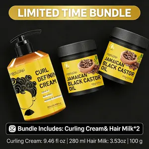 3 Piece Curl Styler Daily Care Set with 280ML Curl Cream and 2 Bottles of 100ML Castor Oil Hair Lotion, Natural Curl Definition, Anti-Static and Smooth Manageability