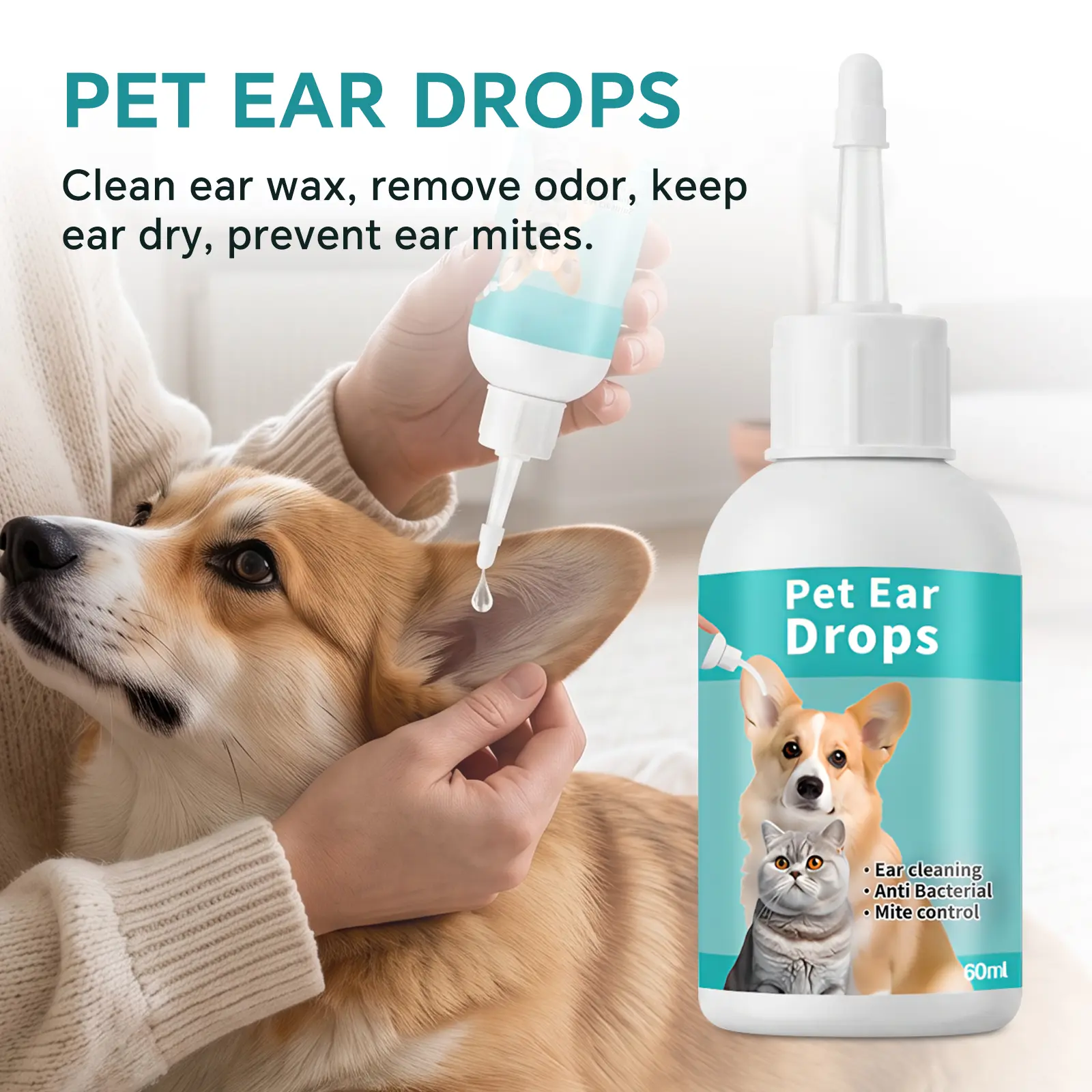 Pet Ear Cleaning Drops, 60 ml, Ear Cleaner for Dogs & Cats, Daily Ear Care Solution for Removing Dirt and Wax Buildup, Easy-Squeeze Bottle for Routine Pet Ear Cleaning