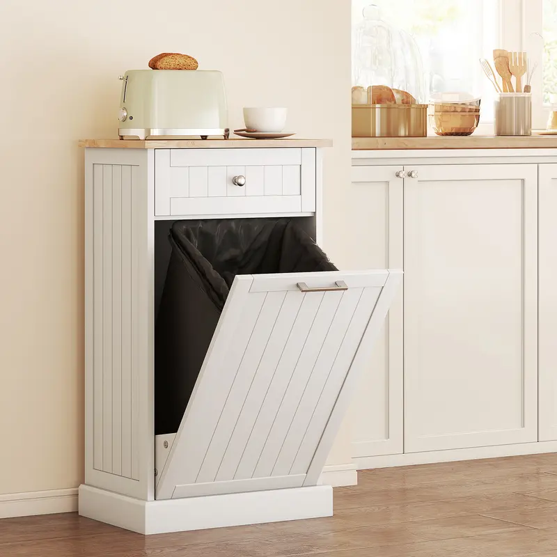 HOMCOM Kitchen Tilt Out Trash Bin Cabinet Free Standing Recycling Cabinet Trash Can Holder With Drawer