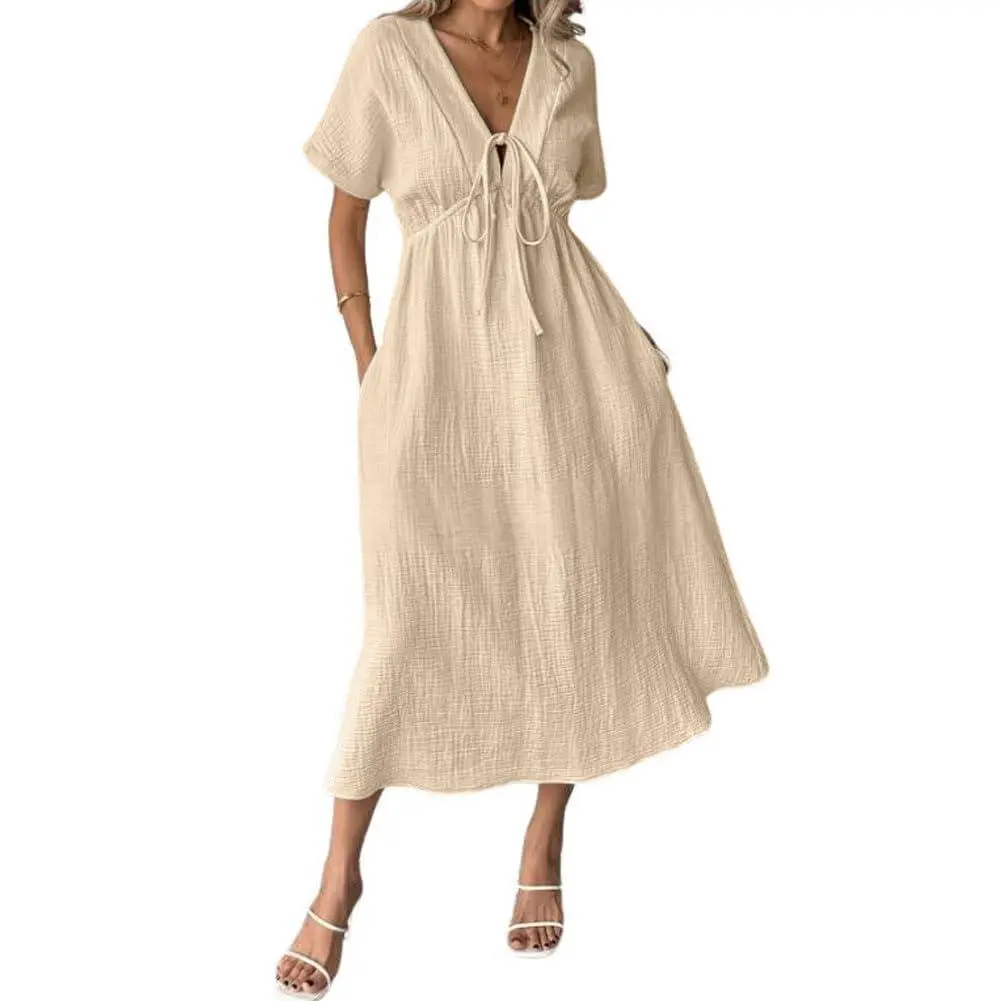 Chouyatou Women's Summer Solid Color V-Neck Cotton Dress Bohemian Style Casual Loose Short-Sleeve Drawstring Beach Dress with Pockets