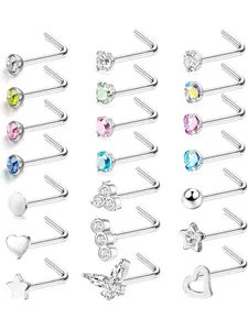 21Pcs Nose Rings 20G Surgical Stainless Steel Nose Piercings Bone/L/S Shaped Nose Screws Rings Studs CZ Inlaid Nostril Piercing Jewelry Set For Women Men Nose Piercings Kit