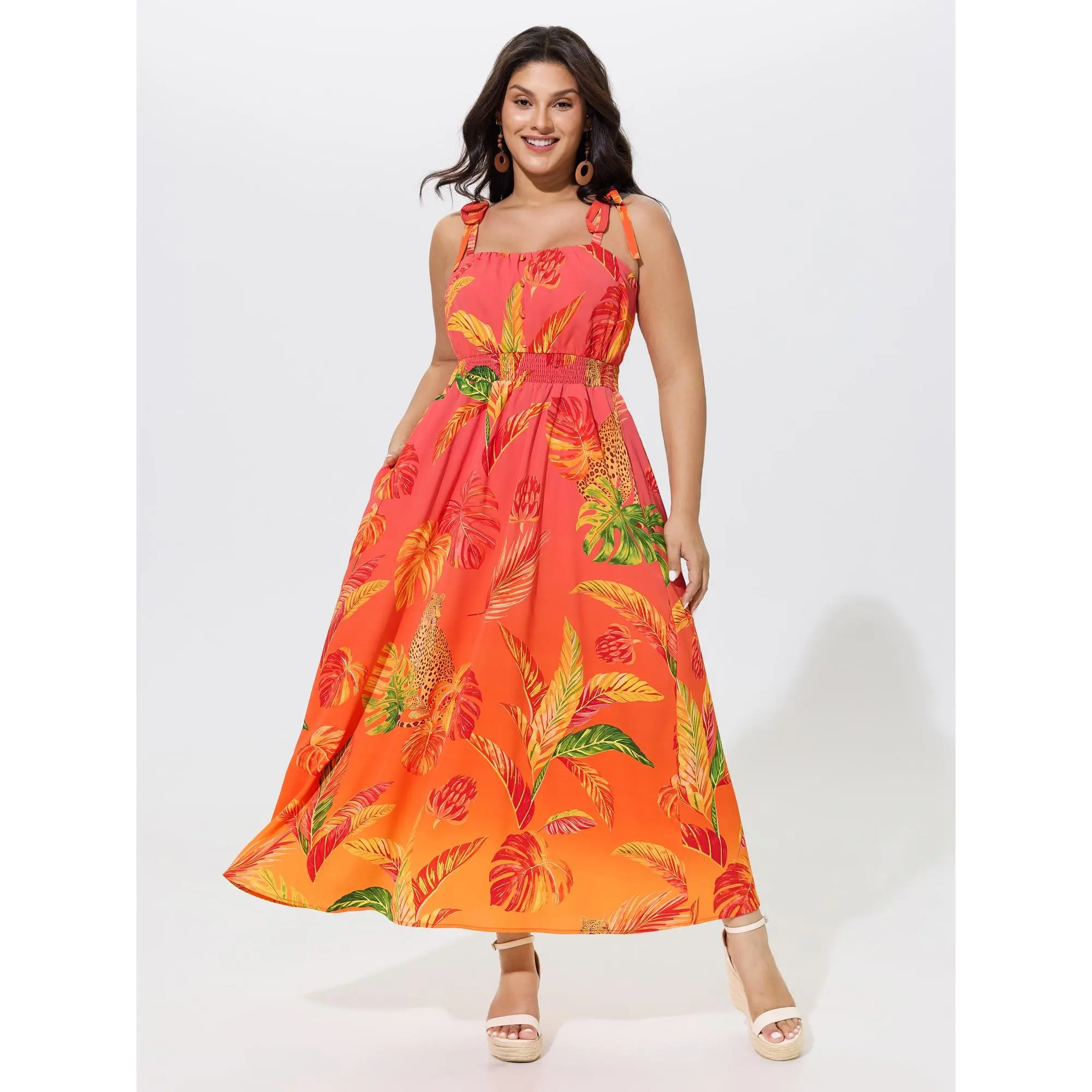BloomChic Women's Plus Size Tropical Maxi Dress in Smooth Polyester, Resort Style with a Shirred Bodice, Tie Shoulders & Button Front, Garment, Casual, Fabric, Fit, Lady