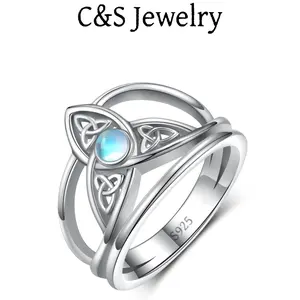 S925 sterling silver ring Celtic knot Moonstone triangle high polished rust resistant eternal wedding ring Stackable ring Irish jewelry women's gift Elegant Engagement Rings