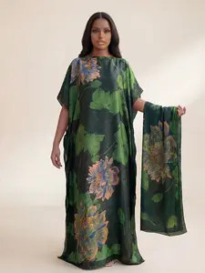 Elegant Floral Print Robe Set, Long Dress with Shawl Wrap Scarf Headband, Beach Sun Protection Satin Silk, Women's Casual All Seasons