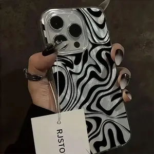 Wavy ripples, 1 feather pattern IMD lens protector, anti-drop, black ripple design phone case, personalized compatibility with iPhone 17/16/15/14/13/12/11/x/xs/xsmax, waterproof, shockproof, scratch-resistant, a gift for friends and family.