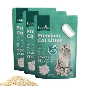 BUGGAZ Premium Tofu Cat Litter 18lbs Flushable Low Tracking Unscented Fast Clumping Ultra Absorbent 100% Natural Dust-Free Fast Drying Water-Soluble Odor Control 6lbs×3 Bags