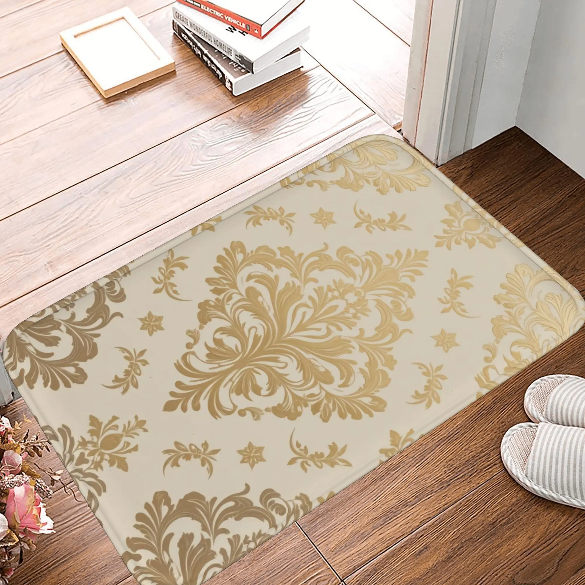 Gold Damask Pattern Entry Mat  Chic Non Slip Welcome Doormat  Glamorous Indoor Floor Protection  Easy Care & Fade Resistant