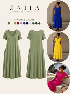Women's Long Nightgown, Coffee Color, Casual Basic Minimalist Round Neck Short Sleeve Sleepwear, Soft & Comfortable Fit Loungewear for All Seasons, Womenswear