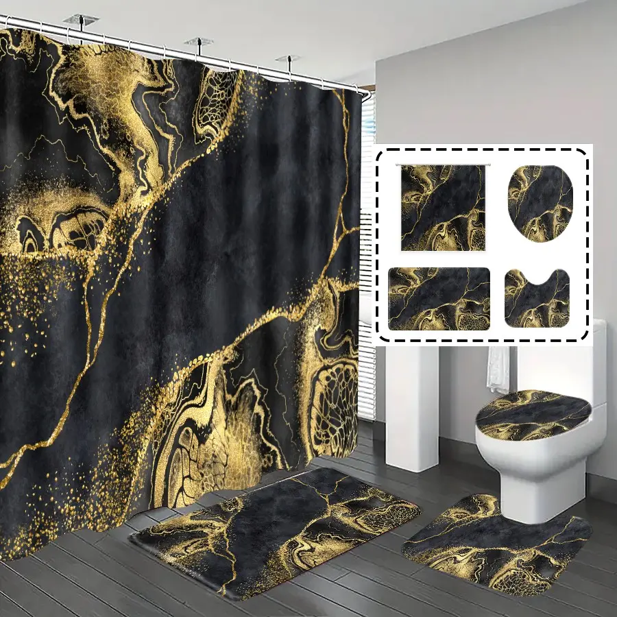 1pc/4pcs, Shower Curtain Sets, bathroom curtains shower, bathroom set, shower curtains, bathroom rug, home decoration, bathroom mat, black gold marble pattern, simple and luxurious theme decoration, bathroom set, with 12 hooks, Bathroom Supplies