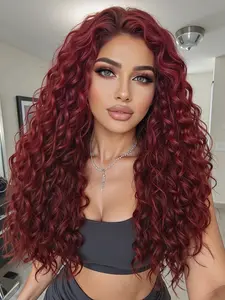 Women's Wine Synthetic Lace Curled Wig, Curly Texture, Free Parting, Natural Look, Fashionable Style, Long Wigs, All Seasons