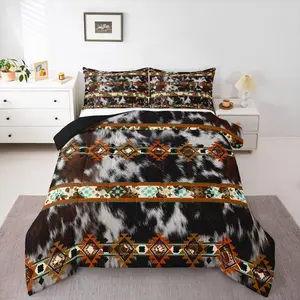 Cowhide Quilt,Highland Cow Print Comforter Set,Western Bedding Set,Exotic Aztec Duvet Insert for Boys Girls Teens
