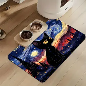 Van Gogh Starry Night Black Cat Pattern Rubber Pet Feeding Mat, Absorbent anti-slip and quick-drying soft carpet, multi-sized and easy-to-clean waterproof bowl mat, suitable for dogs and cats, stain-resistant, perfect for home use, ideal gift for pets