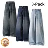 Menswear 3-Pack Men’s Washed Wide-Leg Jeans, Elastic Back Waist, Casual Stylish Loose Straight-Cut Retro Denim Trousers,Trouser