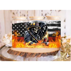 Skeleton Firefighters - UVDTF Wrap Decorative Sticker with American Flag and Fire Design