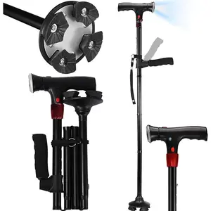 Walking Cane for Men & Women with Alarm, LED Light and Foldable Handle, Foldable, Adjustable, Lightweight, Free Self Standing Walking Cane for Seniors & Adults