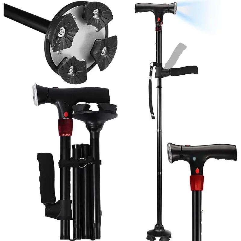 Walking Cane for Men & Women with Alarm, LED Light and Foldable Handle, Foldable, Adjustable, Lightweight, Free Self Standing Walking Cane for Seniors & Adults
