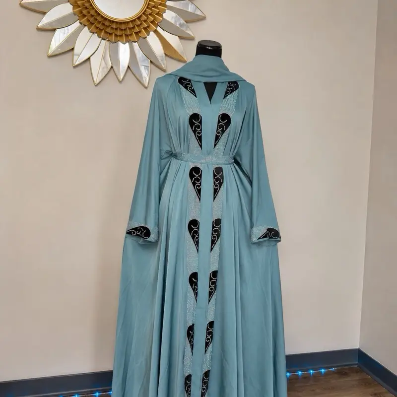 Luxury Sky Blue Butterfly Abaya with Matching Hijab – Modest Muslim Dress for Women