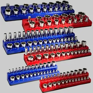 Magnetic Socket Organizer Set 6Pcs Socket Holder 1/4 3/8 1/2 Inch Holds 143 Pieces Red Blue Trays for Garage Tool Storage Drawer