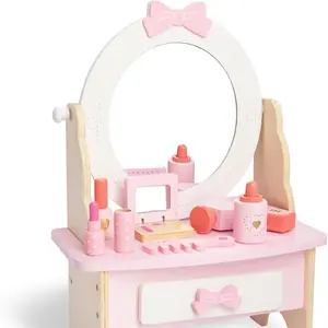Wooden Vanity Set for Kids, Pretend Play Toddler Makeup Vanity Table Toys with 360° Rotatable Mirror, Beauty Salon Set Includes Makeup Accessories, Little Girls Gift Age 3+ (White)