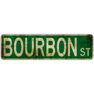 Vintage Metal Bourbon St Street Tin Sign - 4''x16'' - Water-proof and Dust-proof - Wall Art for Home, Restaurant, Bar, Cafe, and Garage Decor