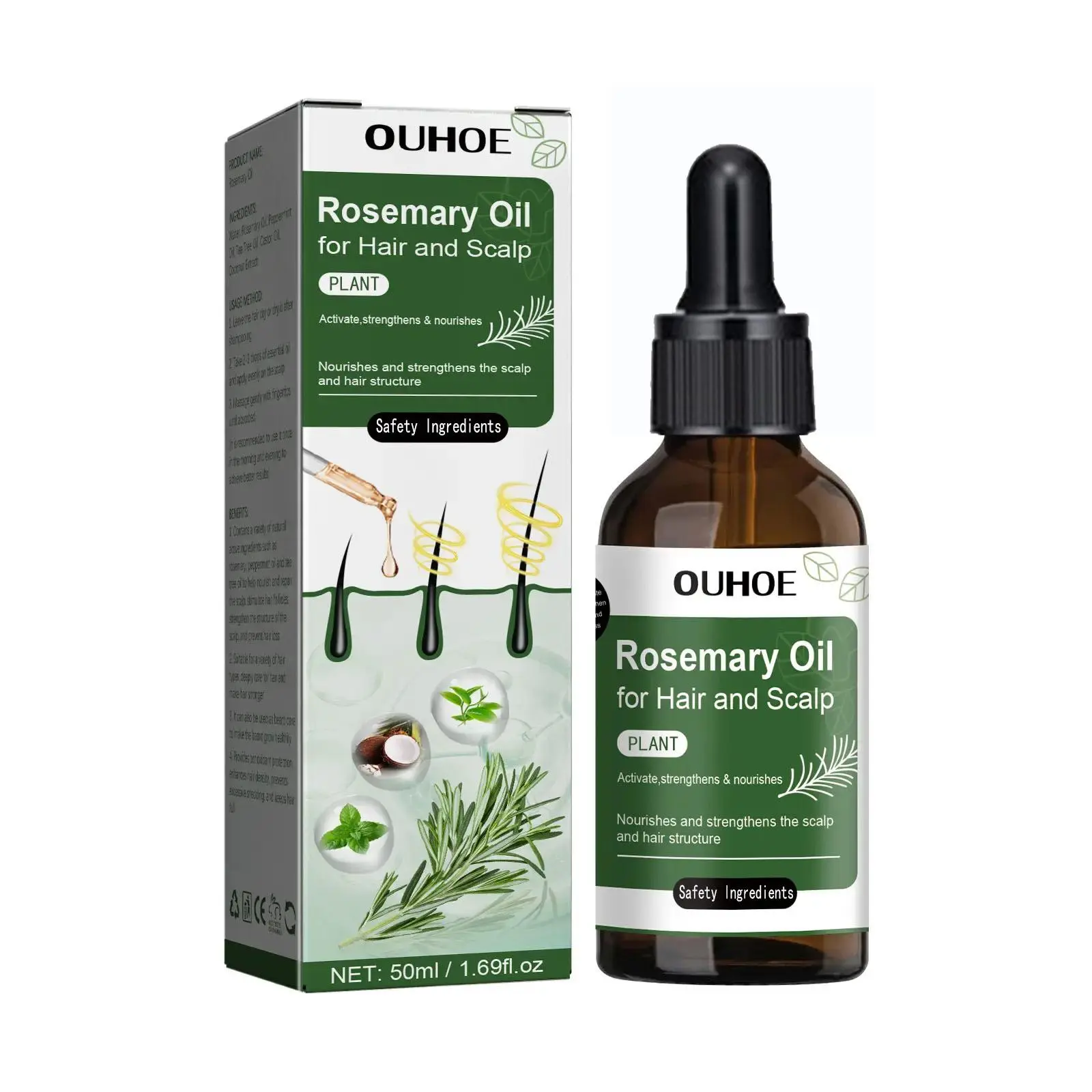 50ML Rosemary Strengthening Hair Oil, Rich in Camellia, Peppermint, Tea Tree, Coconut, Castor Oils, Nourishing Moisturizing Hair Care Liquid Nourishes Hair for Stronger Hair, Deep Nourishment, Scalp & Root Treatment, ideal for daily hair care