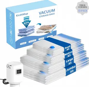 Travel Vacuum Storage Compression Bag Set – 15-Pack in 3 Sizes – USB Handheld Pump with Built-In Battery – Waterproof & Reusable Space Saver for Clothes & Packing, Perfect for Carry-On Suitcases
