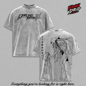 Darling in the Franxx T-Shirt, Zero Two Hiro Graphic Tee, Back Print Vintage 90s Anime Shirt, Graphic Tees Men, Trendy Tshirts, Men's T Shirts, Darling in the Franxx Streetwear, Unisex Cotton Distressed Tee, Merch For Men, Men Fashion Graphic Tee