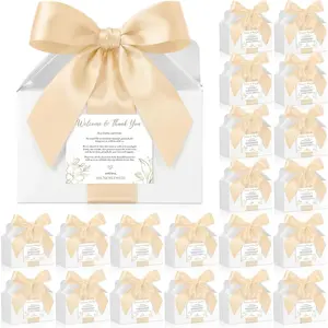 50 Set Wedding Gable  Boxes with Handles Beige Ribbon Label 6 x 5.3 x 3.5 Inch Thank You Boxes for Guests  Welcome Favor Kit for Bridal Shower Birthday Party Anniversary Packing