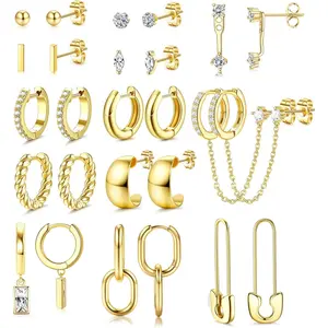 Jstyle Small Gold Hoop Earrings Set for Women, 14k Gold Plated Hoop Studs Earrings for Women, Hypoallergenic Dainty Gold Earrings for Gift