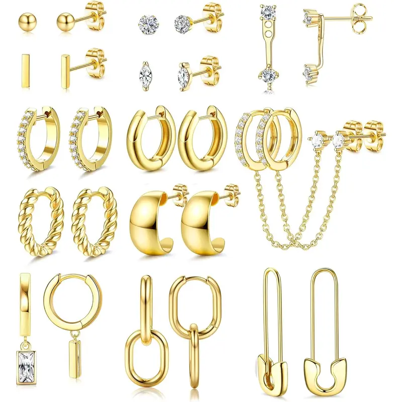 Women's Jstyle 14k Gold Plated Huggie Earring Pack - Hypoallergenic Dainty Layered Set Earrings, Female Elegant Gold-Tone Jewelry for Gifting, Everyday Sparkle
