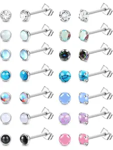 14 Pairs Small Studs Earring Set for Women Men Steel Tiny CZ Opal Moonstone Turquoise Black Onyx Earrings Hypoallergenic Studs Earrings Set Piercing Cartilage Stud Earrings Jewelry