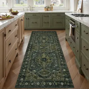 2x6 Green Washable Runner Rug for Hallways, Non Slip Vintage Runner Rug, Soft Low Pile Long Rug Runner, Print Carpet for Bedroom Entryway Living Room Olive Green
