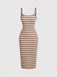 Womens Striped Print Long Cami Dress for Summer