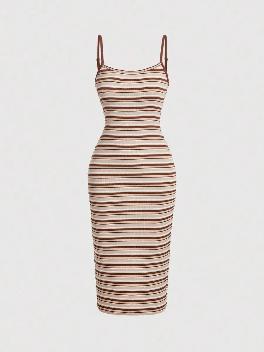 Womens Striped Print Long Cami Dress for Summer