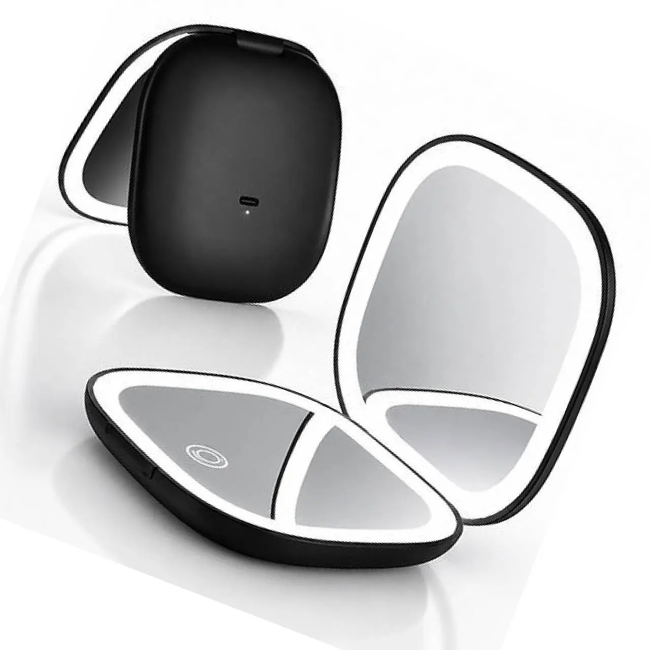 LED Compact Mirror - Portable Rechargeable Makeup Mirror with Adjustable Touch-Control Lighting, Black