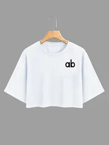 Minimalist High-End Ab Letter Short Sleeve T-Shirt, Clean Color, Small Area Print, Loose Fit, Casual Style, Versatile for All Seasons