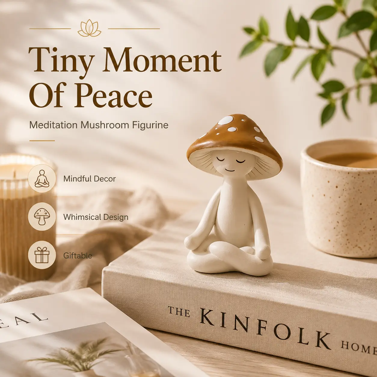 Resin Zen Mushroom Statue, Cute Meditation Mushroom Figurine for Home Decor, Peaceful Nature Inspired Tabletop Ornament, Desk Shelf Garden Decoration Gift