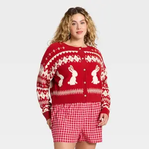 Women's Rabbit Print Cropped Cardigan Sweater - Wild Fable Red XXL