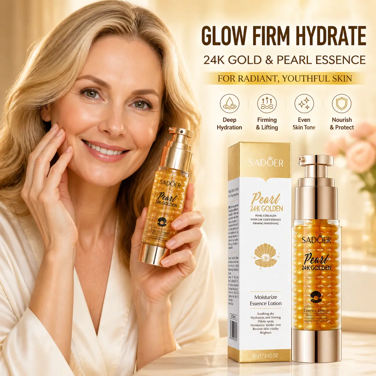 SADOER Collagen Essence Lotion - Pearl-Infused Golden Shimmer Facial & Neck Serum, Cleansing, Hydrating, Firming Moisturizer for Dry Skin, Brightening, Restoring Radiant Dewy Plump Aesthetic Skincare Item, Restore, Radiant Skin, Dewy Skin