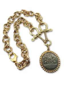 Silver Rose Coin With Chunky Textured Link Chain Necklace 18 Inch Bold Statement Pendant for Grown Woman Energy